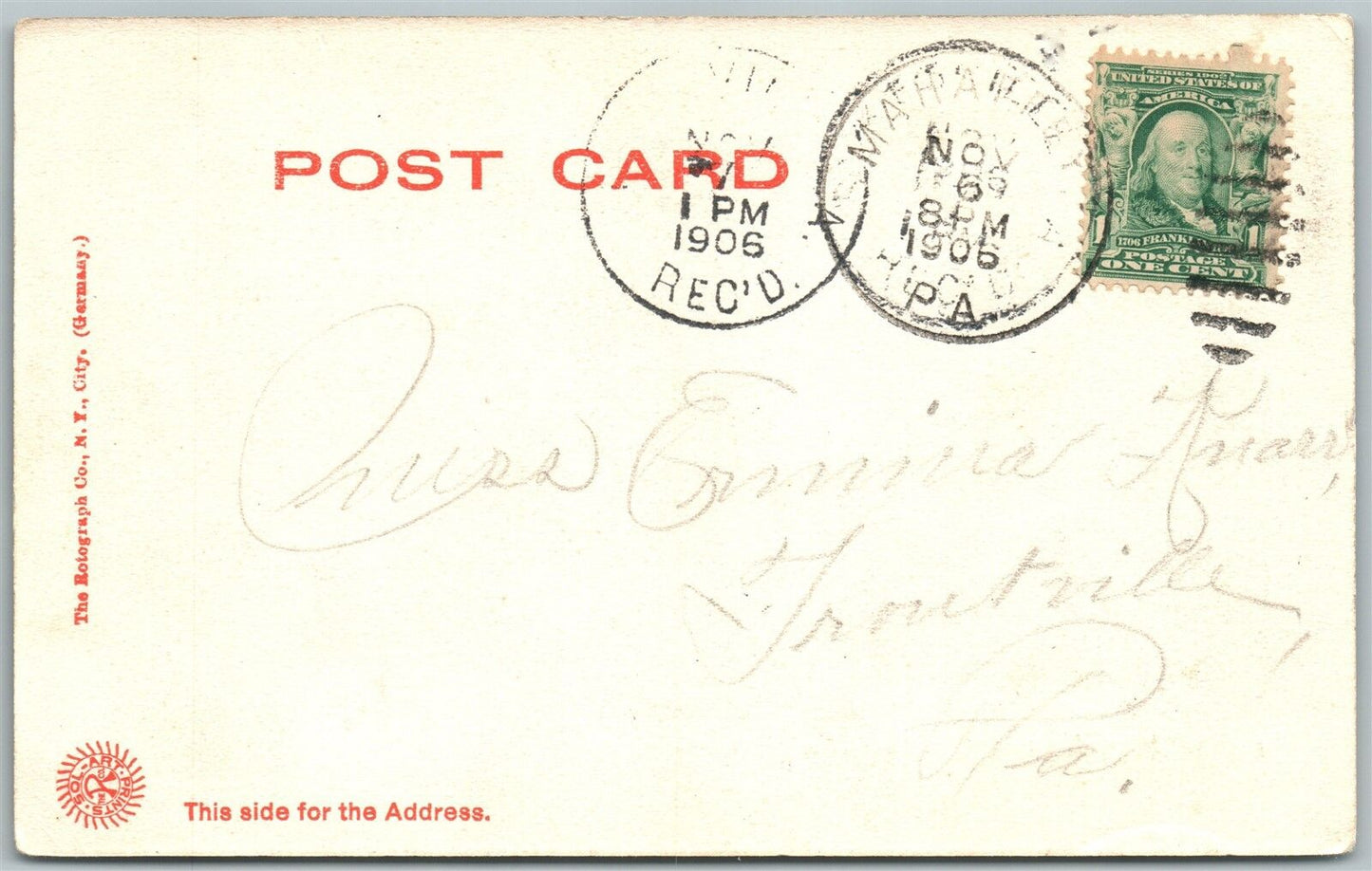 CLEARFIELD PA HIGH SCHOOL 1906 UNDIVIDED ANTIQUE POSTCARD w/ CORK CANCEL