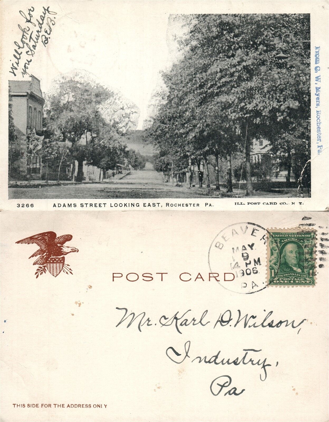ROCHESTER PA ADAMS STREET 1906 UNDIVIDED ANTIQUE POSTCARD CORK STAMP