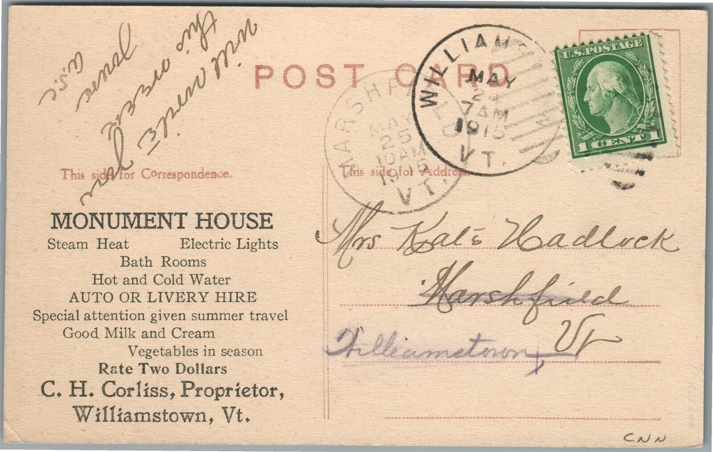 WILLIAMSTOWN VT MONUMENT HOUSE ADVERTISING ANTIQUE POSTCARD