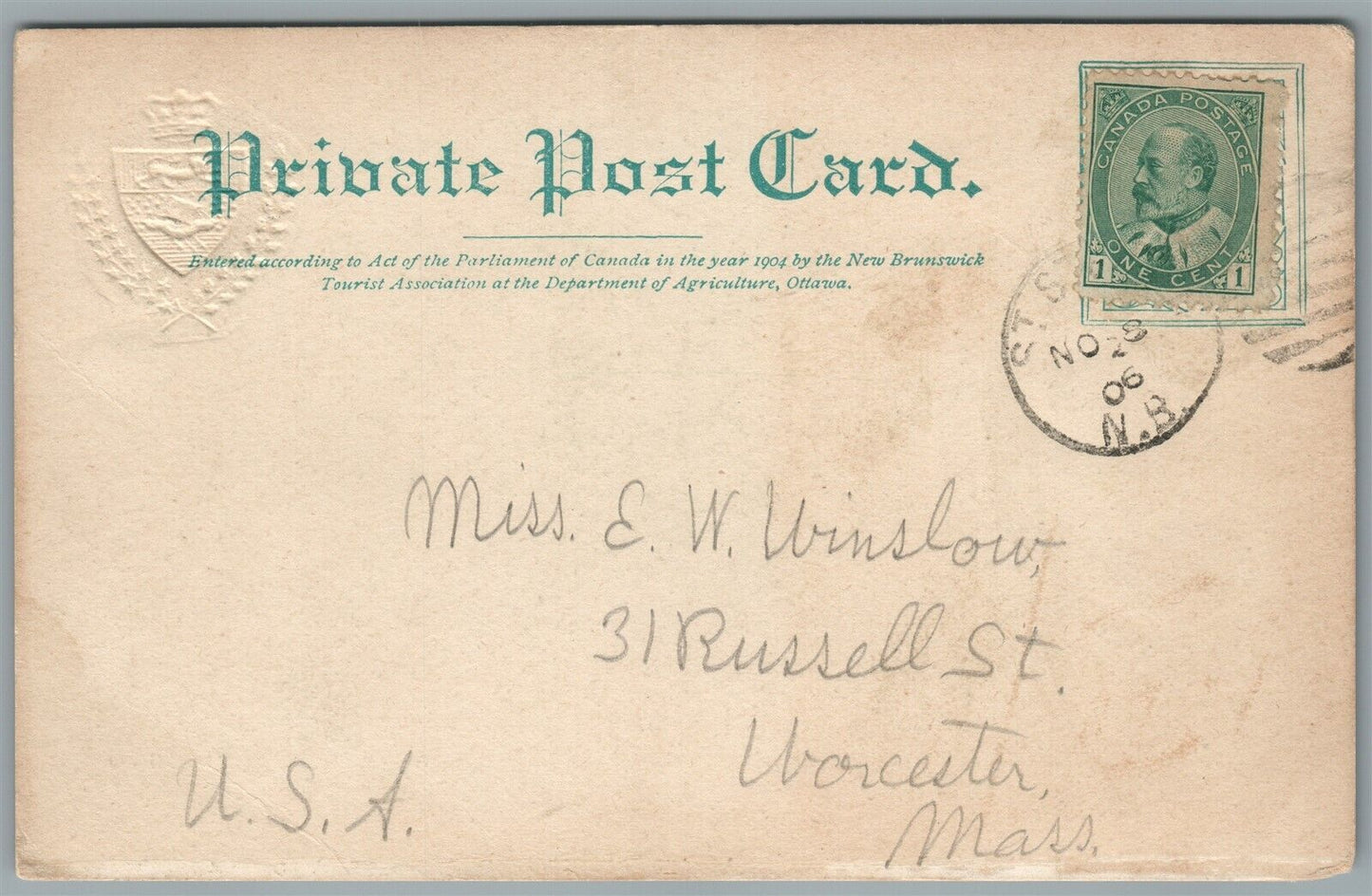 CANADA ST.STEPHEN NB KING STREET ANTIQUE POSTCARD PRIVATE MAILING