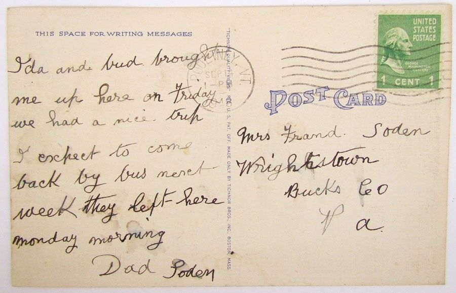 VINTAGE 1948 POSTCARD GREETINGS FROM POULTNEY VT.