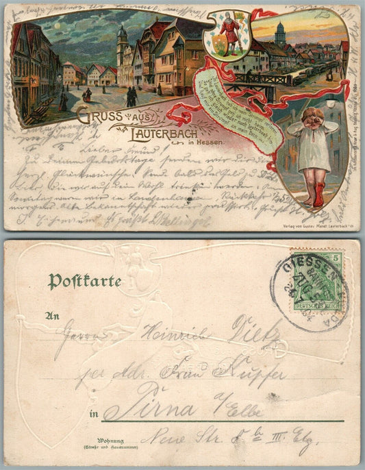 LAUTERBACH IN HESSEN GERMANY EMBOSSED ANTIQUE POSTCARD w/ STAMP