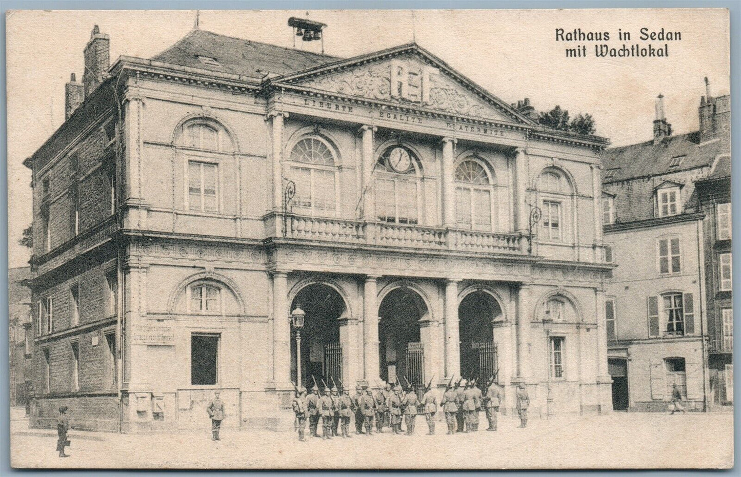 GERMAN WWI MILITARY FELDPOST 1915 ANTIQUE POSTCARD RATHAUS in SEDAN FRANCE