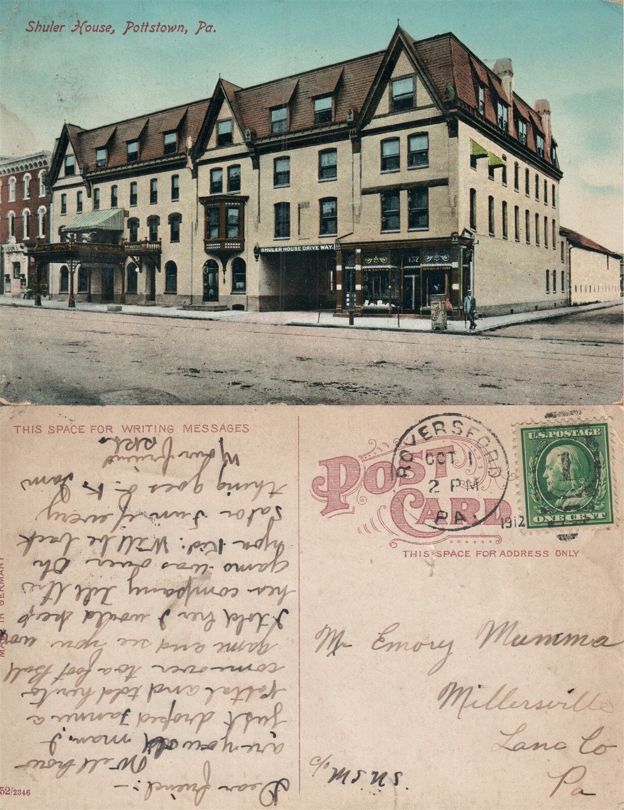 POTTSTOWN PA SHULER HOUSE ANTIQUE 1912 POSTCARD w/ CORK CANCEL