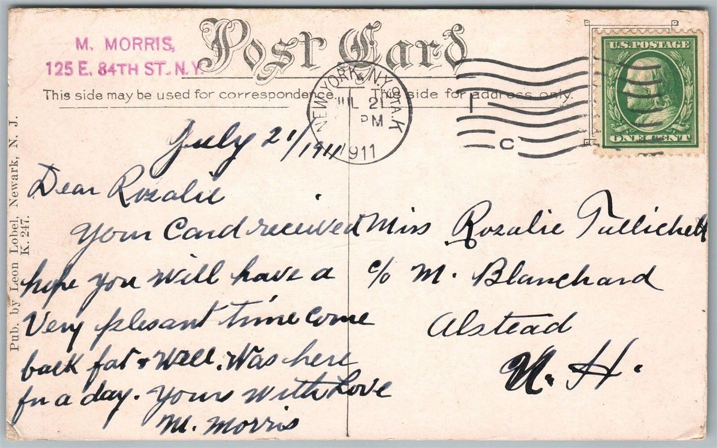 KEANSBURG NJ HOTEL & DANCING PAVILION 1911 ANTIQUE POSTCARD