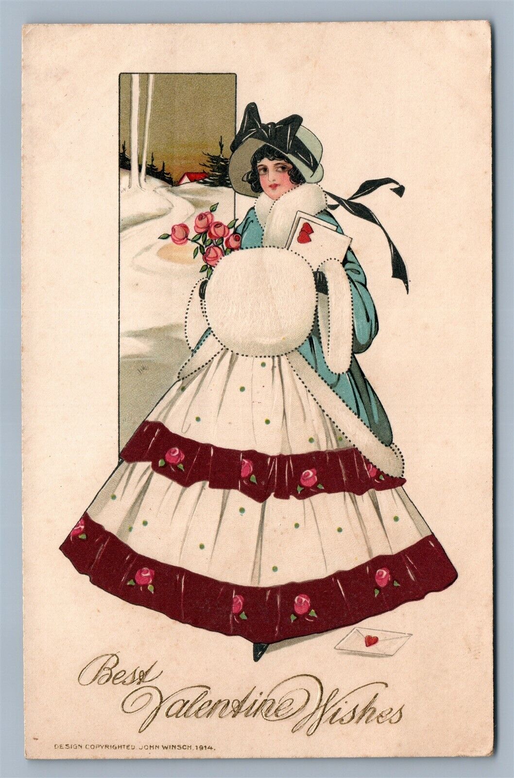 VALENTINE 1914 EMBOSSED ANTIQUE POSTCARD by JOHN WINSCH GIRL in WINTER DRESS