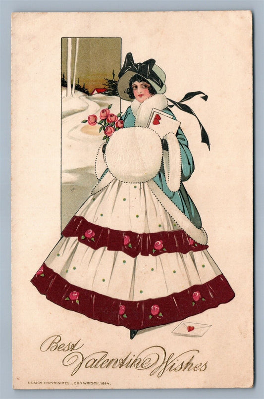 VALENTINE 1914 EMBOSSED ANTIQUE POSTCARD by JOHN WINSCH GIRL in WINTER DRESS