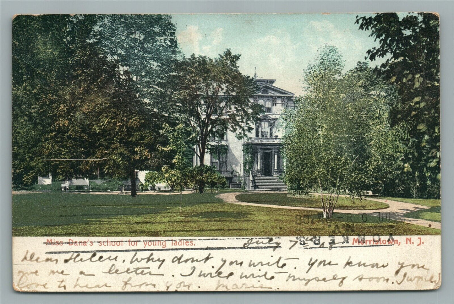 MORRISTOWN NJ MISS DANA'S SCHOOL FOR YOUNG LADIES ANTIQUE POSTCARD