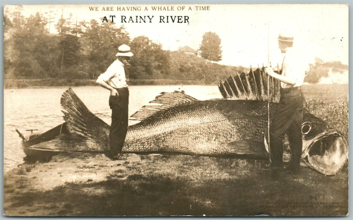 RAINY RIVER MN FISHING EXAGGERATED ANTIQUE REAL PHOTO POSTCARD RPPC