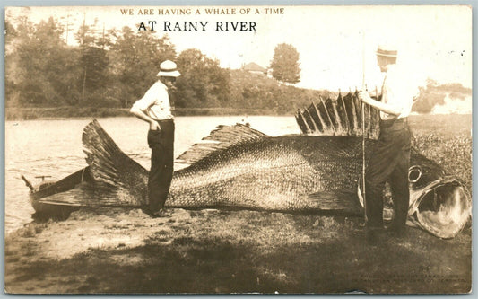 RAINY RIVER MN FISHING EXAGGERATED ANTIQUE REAL PHOTO POSTCARD RPPC