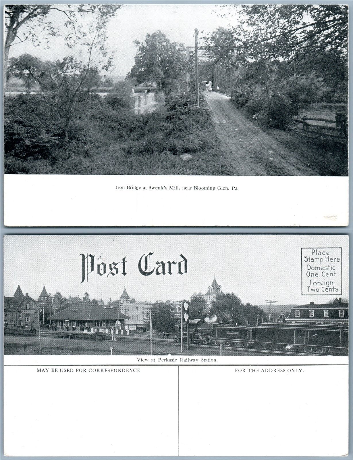 BLOOMING GLEN IRON BRIDGE SWENK'S MILL PERKASIE RAILWAY STATION VINTAGE POSTCARD