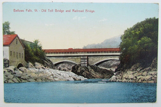 VINTAGE POSTCARD BELLOWS FALLS VT RAILROAD BRIDGE train railway VERMONT