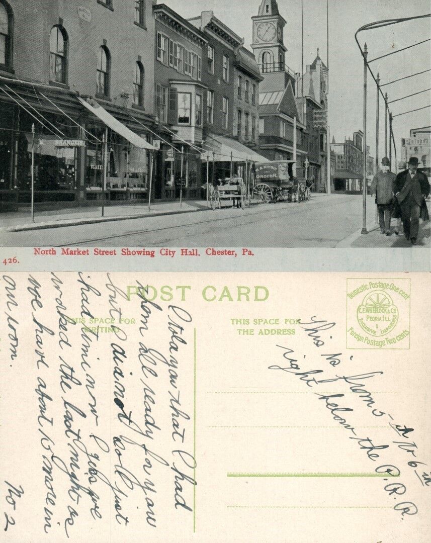 CHESTER PA NORTH MARKET STREET SHOWING CITY HALL ANTIQUE POSTCARD store signs