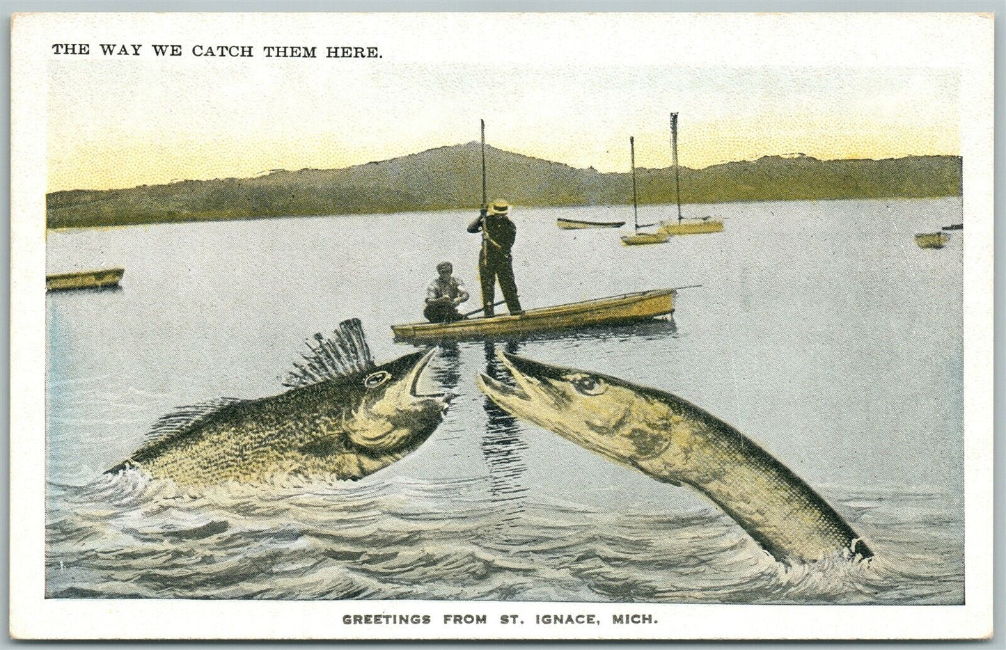 EXAGGERATED FISHING 1922 ANTIQUE POSTCARD ST.IGNACE MI