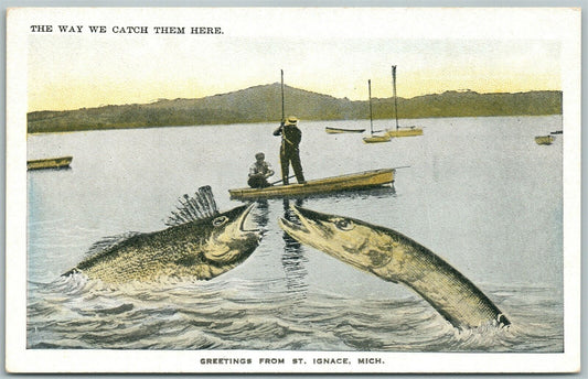 EXAGGERATED FISHING 1922 ANTIQUE POSTCARD ST.IGNACE MI