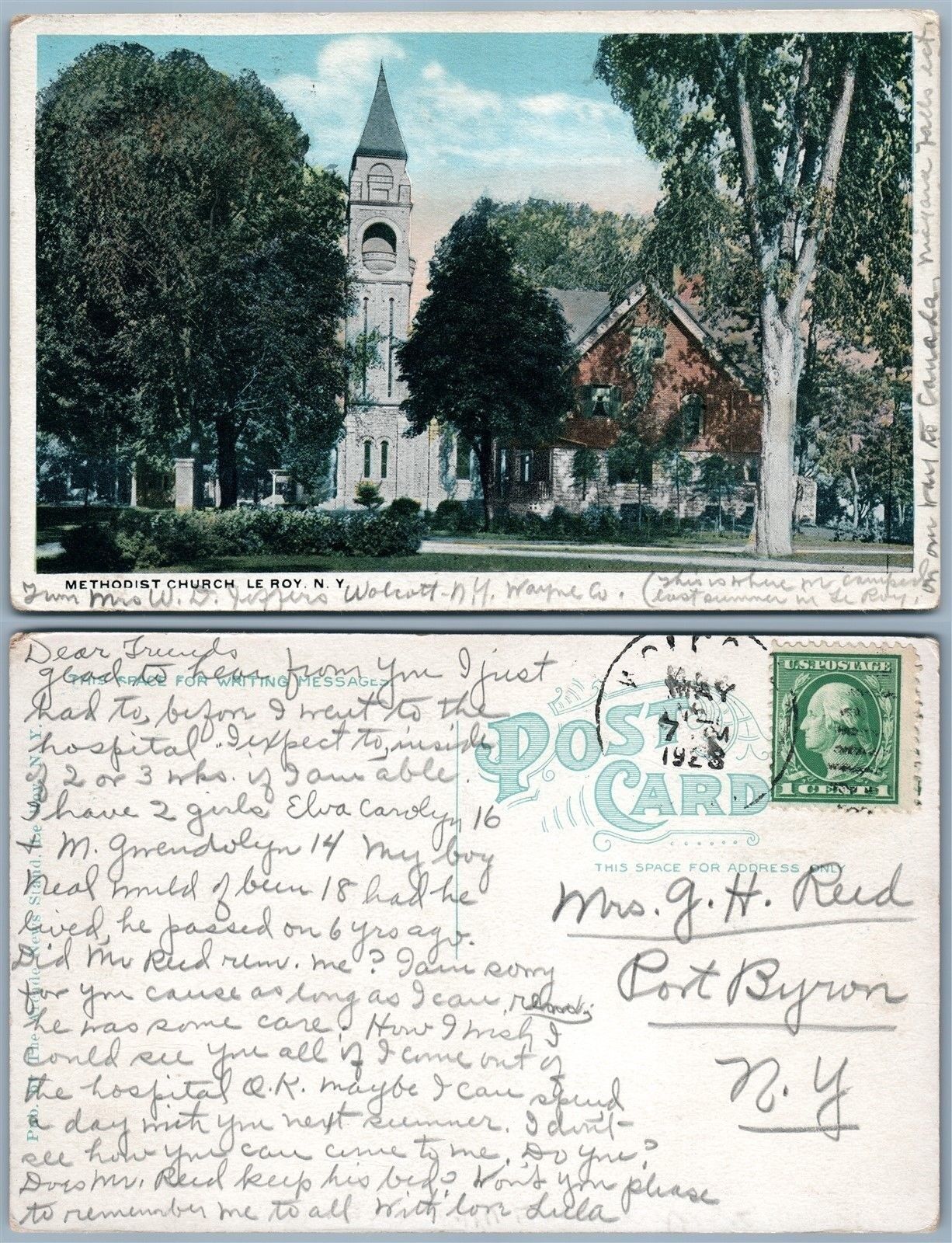 LE ROY N.Y. METHODIST CHURCH 1928 ANTIQUE POSTCARD