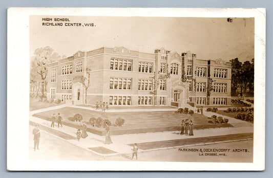 RICHLAND CENTER WI HIGH SCHOOL ARCHITECT ADVERT ANTIQUE REAL PHOTO POSTCARD RPPC