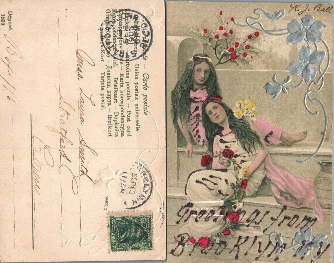 GREETINGS FROM BROOKLYN N.Y. GIRLS w/ FLOWERS EMBOSSED ANTIQUE POSTCARD