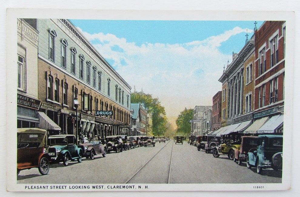 VINTAGE POSTCARD PLEASANT STREET LOOKING WEST CLAREMONT N.H. NEW HAMPSHIRE cars