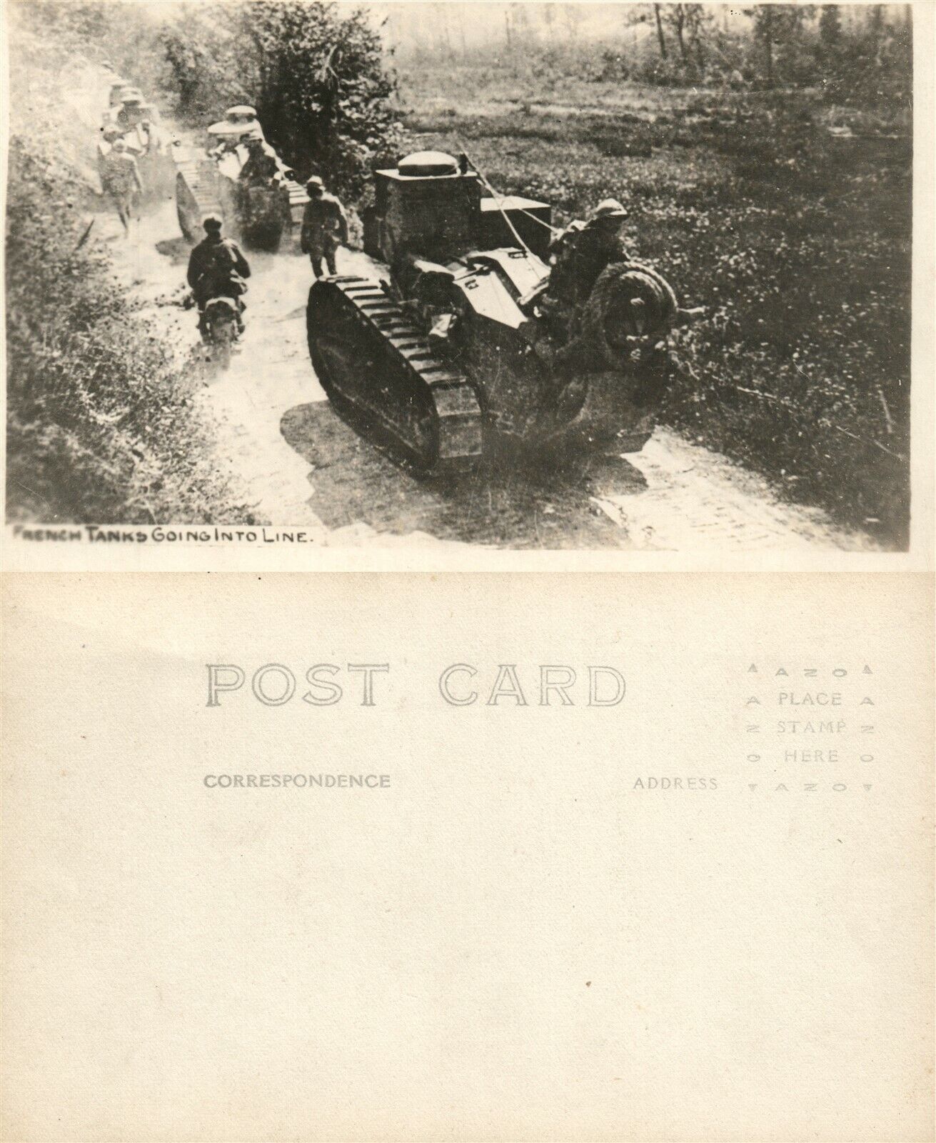 FRENCH TANKS GOING INTO LINE REAL PHOTO POSTCARD ANTIQUE RPPC