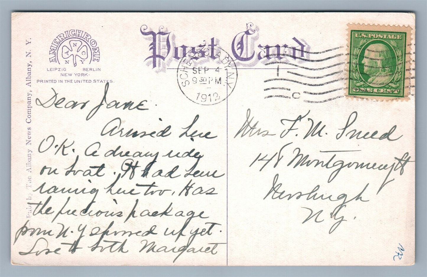 SCHENECTADY NY STATE STREET 1912 ANTIQUE POSTCARD