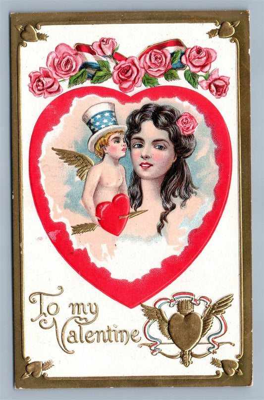 VALENTINE ANTIQUE POSTCARD CUPID IN UNCLE SAM HAT PATRIOTIC