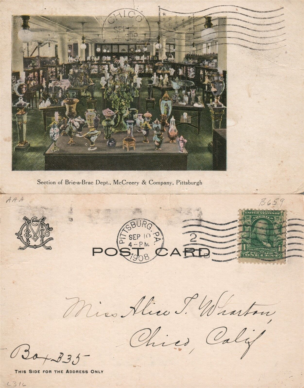 PITTSBURG PA BRIC-A-BRAC DEPT. McCREERY & CO. 1908 UNDIVIDED ANTIQUE POSTCARD