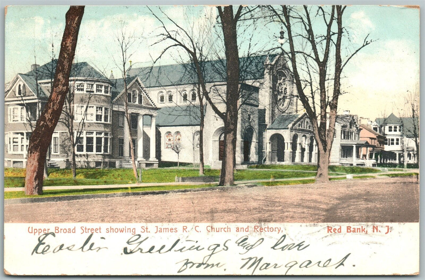 RED BANK NJ UPPER BROAD STREET ST.JAMES CHURCH 1907 UNDIVIDED ANTIQUE POSTCARD