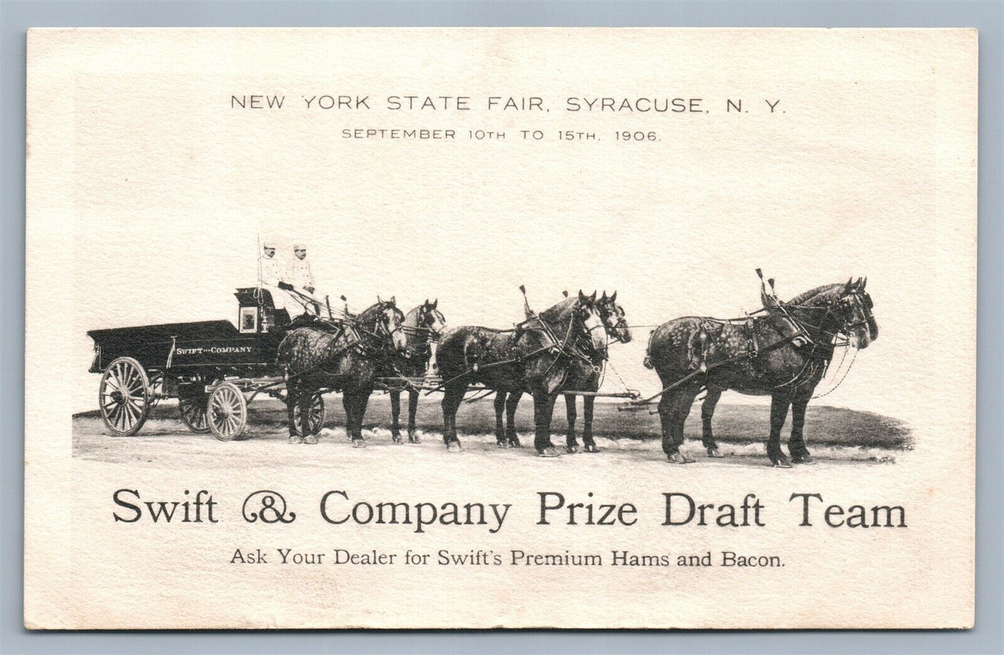 SYRACUSE NY SWIFT & CO DRAFT TEAM HAMS & BACON ADVERTISING ANTIQUE POSTCARD