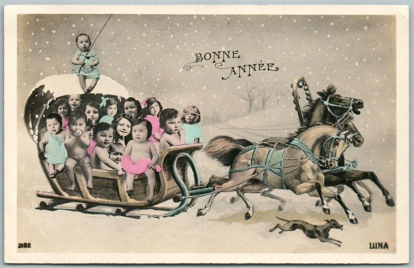 MULTIPLE BABIES in TROYKA HORSE SLED CARRIAGE HAPPY NEW YEAR VINTAGE POSTCARD