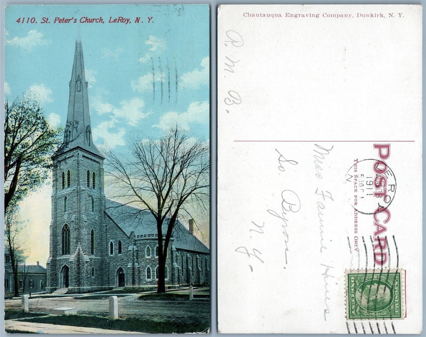 LE ROY N.Y. ST.PETER'S CHURCH 1911 ANTIQUE POSTCARD