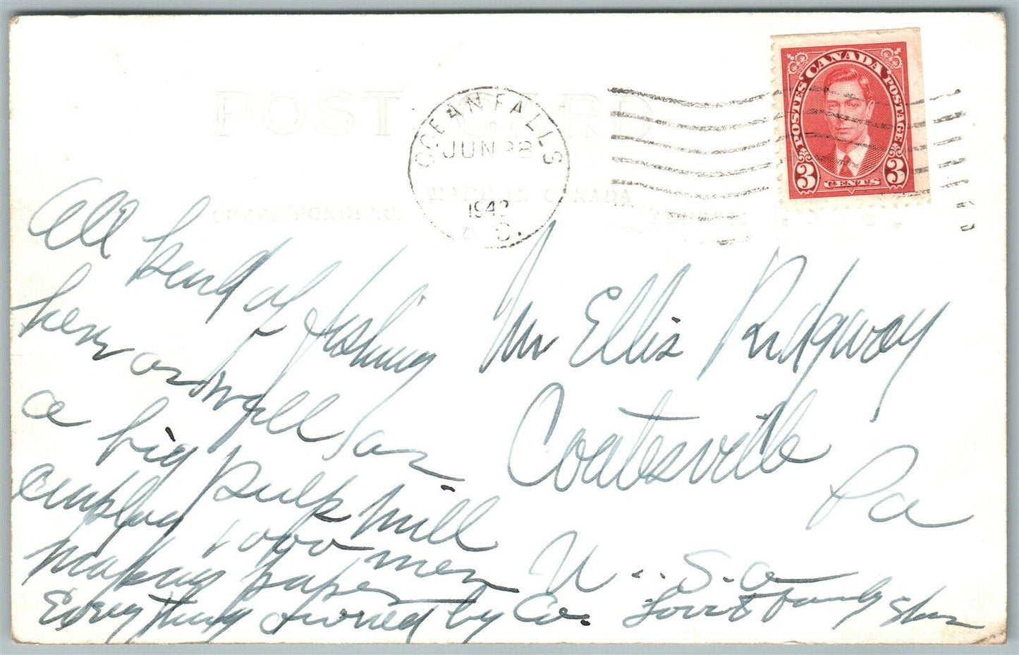 OCEAN FALLS B.C. CANADA EXAGGERATED FISHING 1942 VINTAGE REAL PHOTO POSTCARD RPP