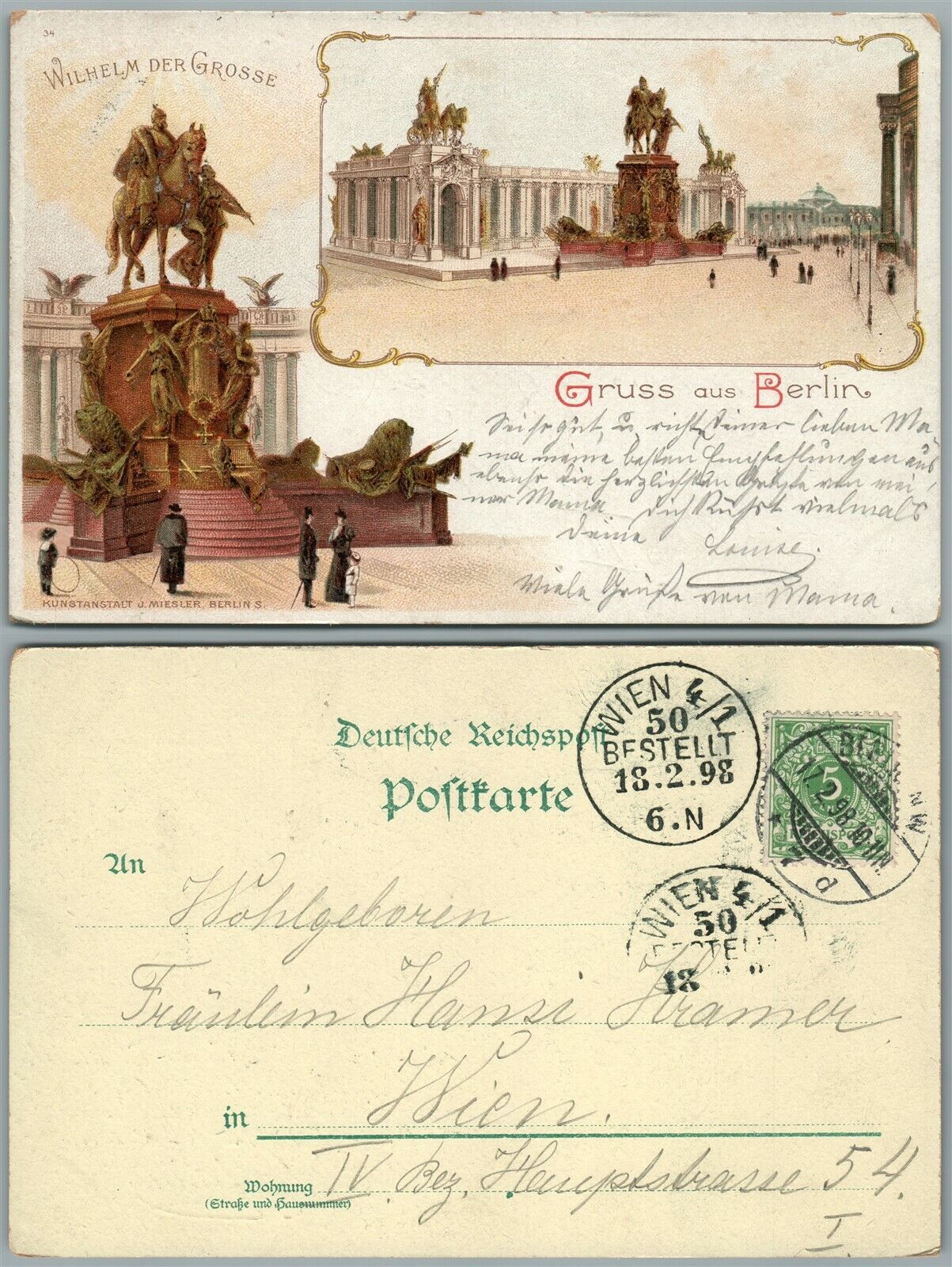 BERLIN WILHELM DER GROSSE MONUMENT GERMANY 1898 ANTIQUE POSTCARD w/ STAMP