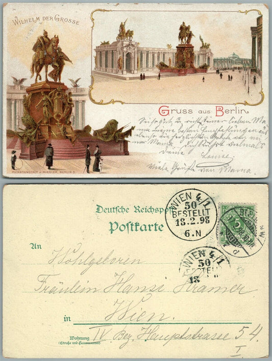 BERLIN WILHELM DER GROSSE MONUMENT GERMANY 1898 ANTIQUE POSTCARD w/ STAMP