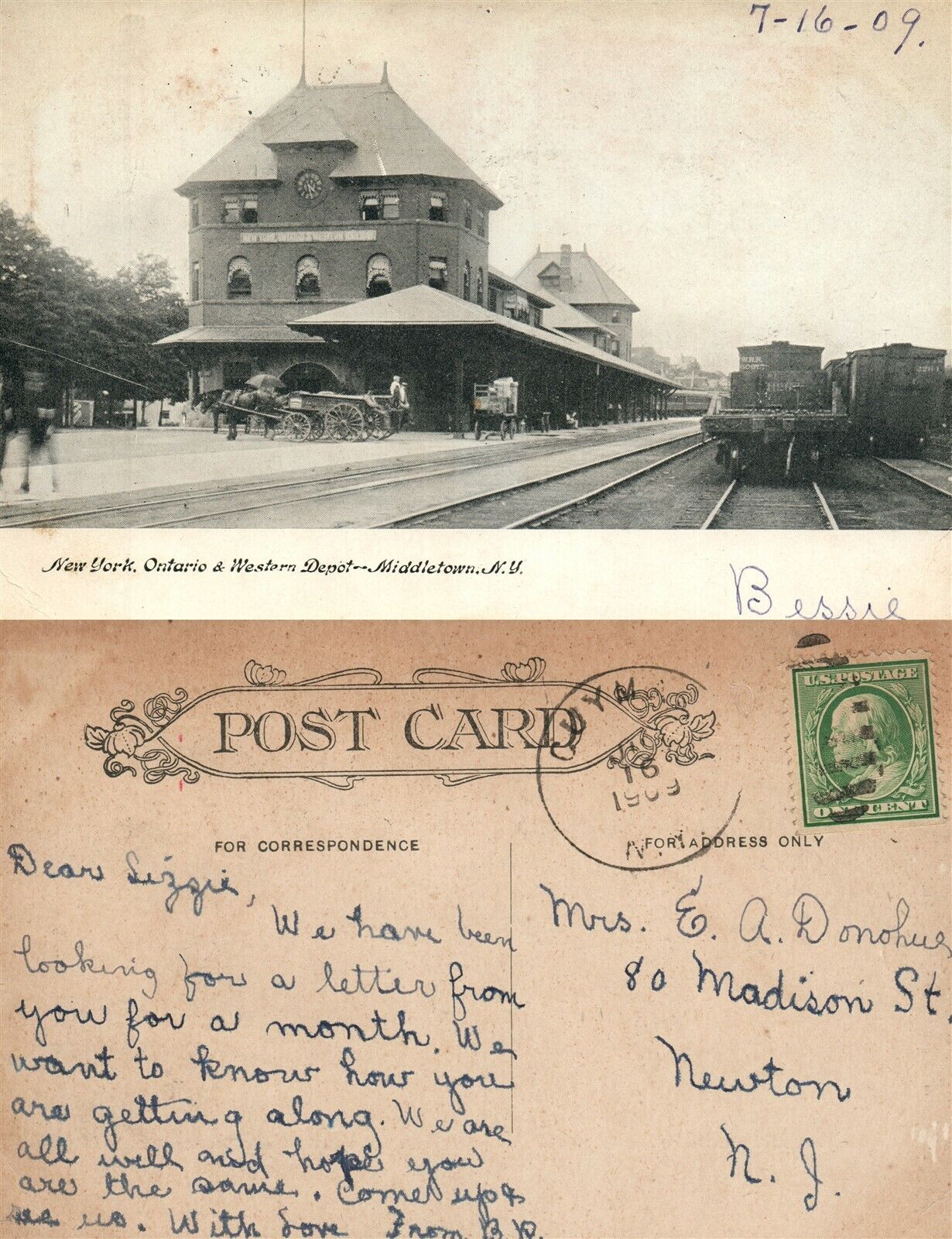 MIDDLETOWN N.Y. RAILWAY STATION 1909 ANTIQUE POSTCARD RAILROAD DEPOT