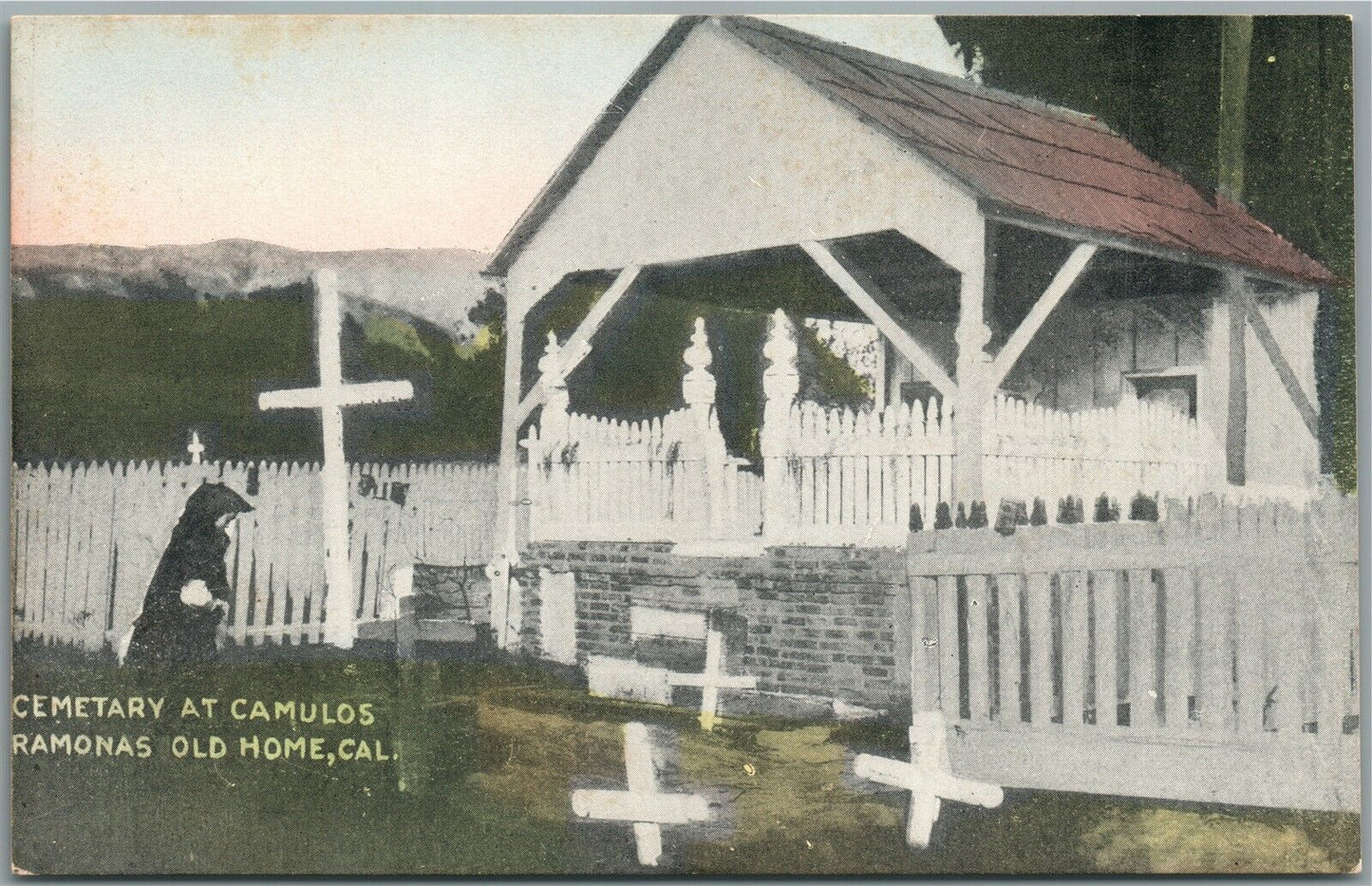 RAMONAS OLD HOME CA CEMETERY AT CAMULOS ANTIQUE POSTCARD marriage place stamp