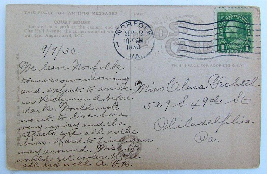 VINTAGE 1930 POSTCARD - COURT HOUSE NORFOLK VA