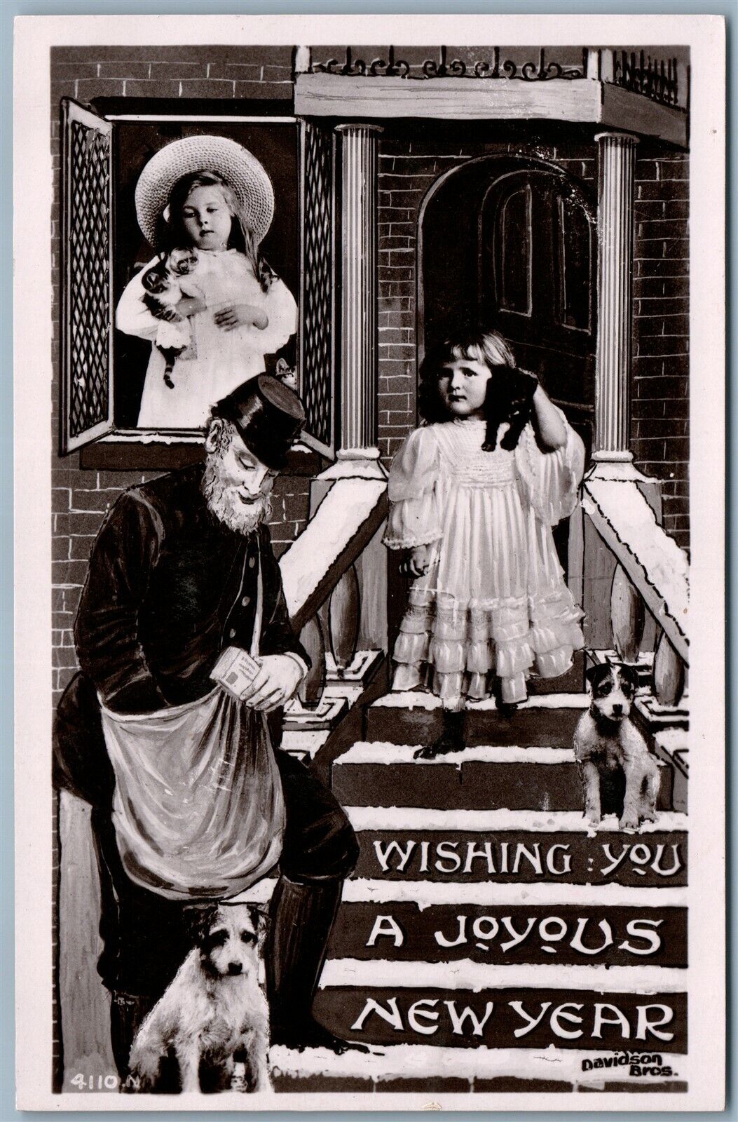 ANTIQUE REAL PHOTO PHOTOMONTAGE POSTCARD RPPC NEW YEAR CATS DOGS