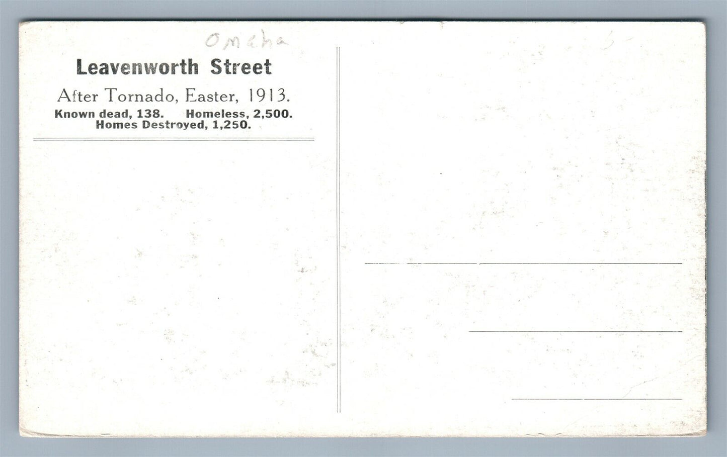 OMAHA NE LEAVENWORTH STREET AFTER TORNADO 1913 ANTIQUE POSTCARD