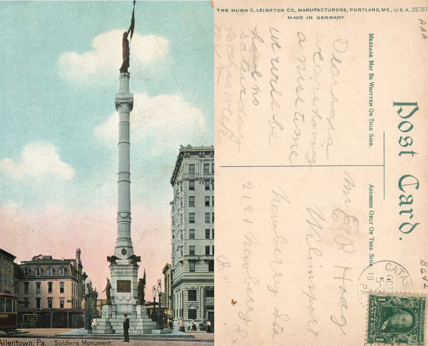 ALLENTOWN PA SOLDIER'S MONUMENT ANTIQUE POSTCARD