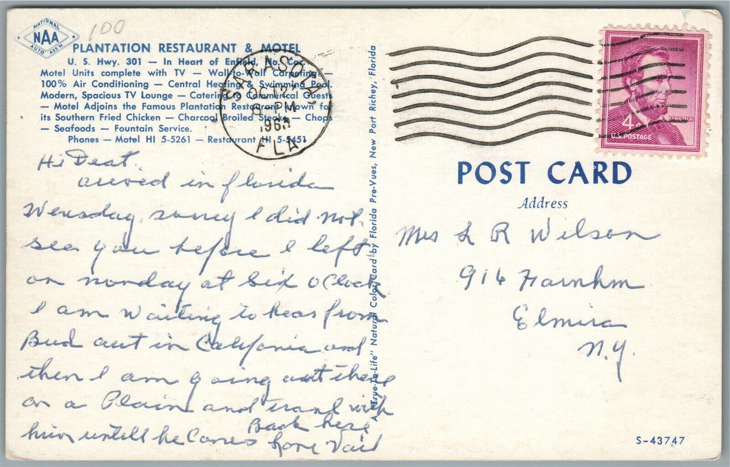 GAS STATION PLANTATION RESTAURANT & HOTEL FLORIDA VINTAGE POSTCARD