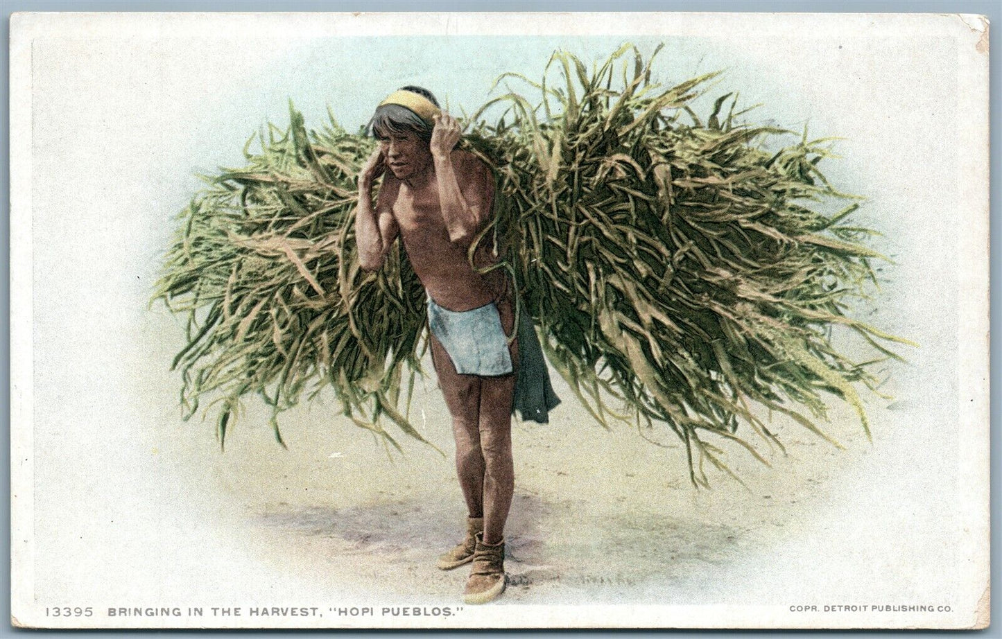 HPI PUEBLOS INDIAN BRINGING THE HARVEST ANTIQUE POSTCARD