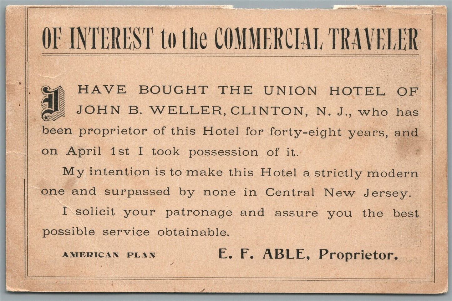 CLINTON NJ UNION HOTEL ADVERTISING ANTIQUE POSTCARD