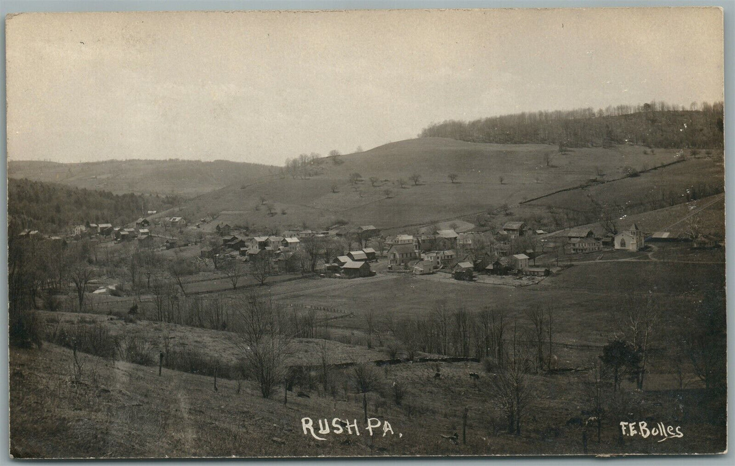 RUSH PA BIRDS EYE VIEW ANTIQUE REAL PHOTO POSTCARD RPPC