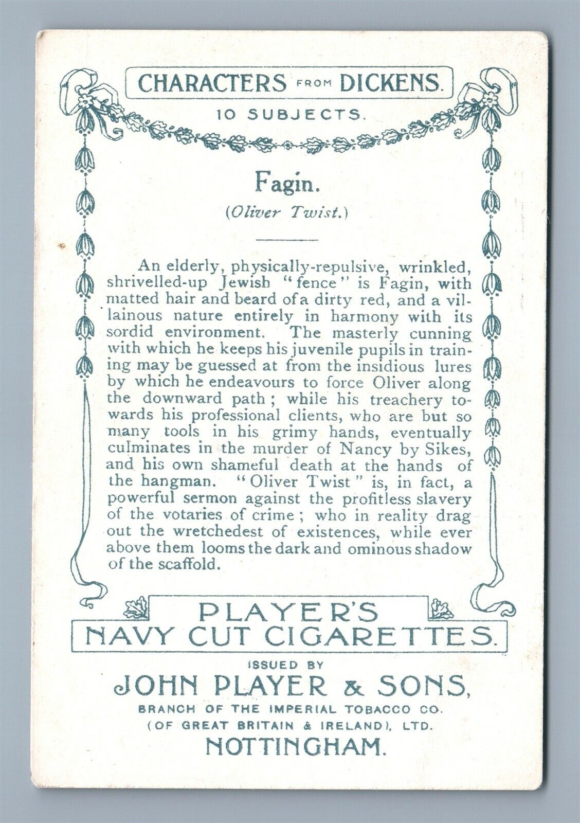 FAGIN by DICKENS CIGARETTES ADVERTISING ANTIQUE VICTORIAN TRADE CARD JUDAICA