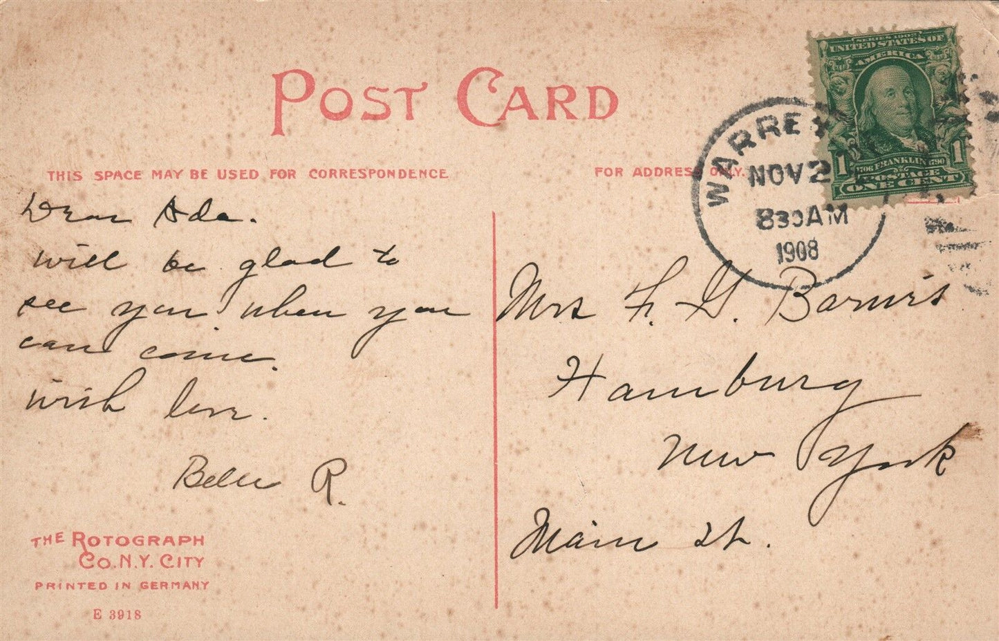 VIEW OF ALLEGHENY RIVER TOWARD WARREN PA 1908 ANTIQUE POSTCARD w/ CORK CANCEL