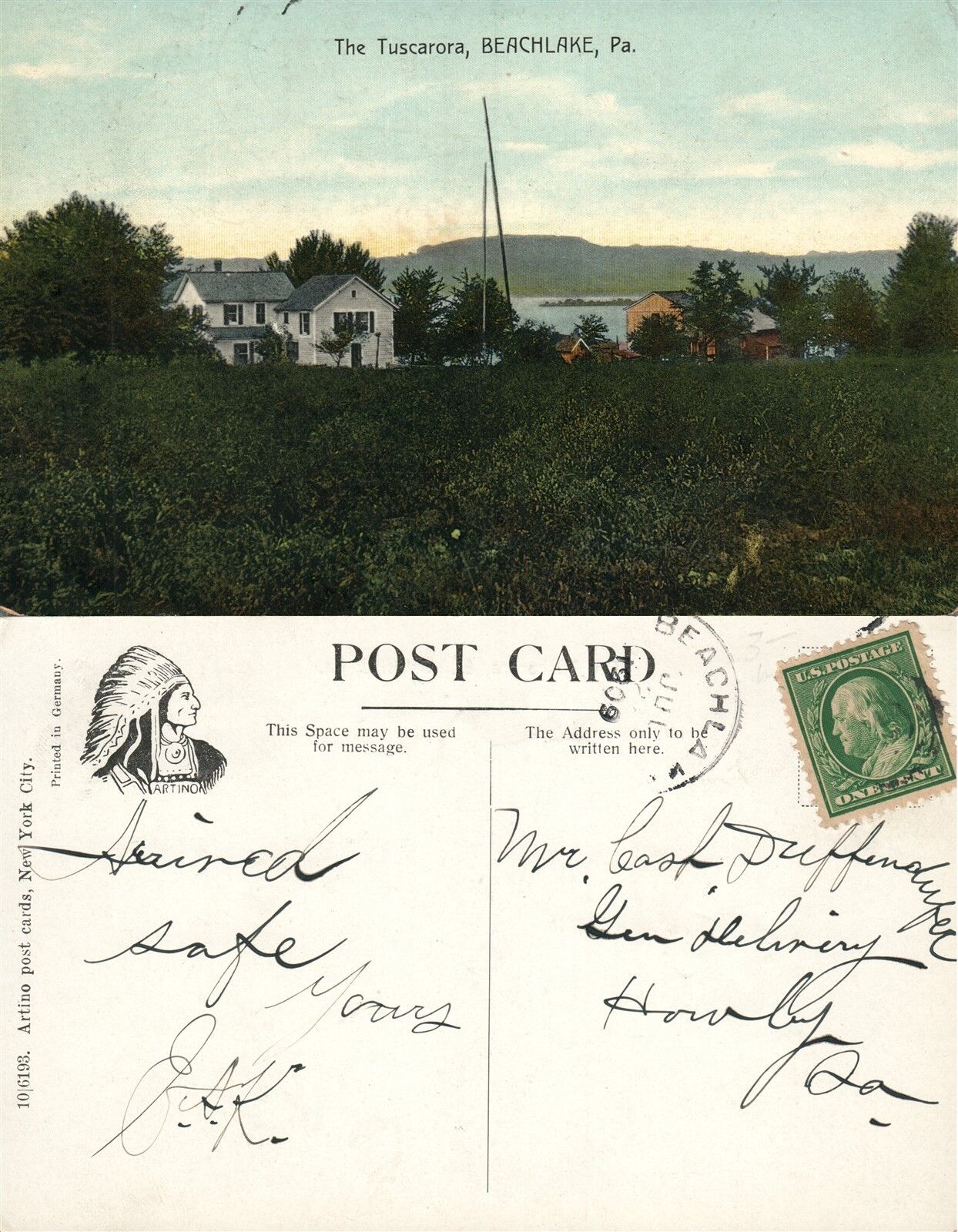 BEACHLAKE PA THE TUSCARORA 1909 ANTIQUE POSTCARD