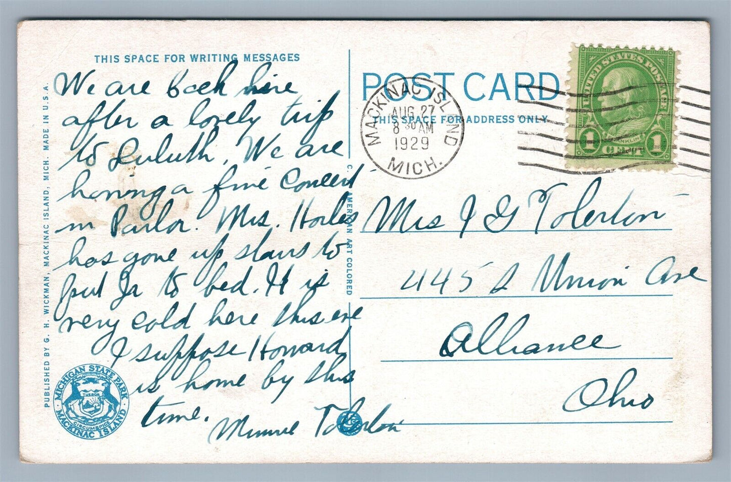 MACKINAC ISLAND MAIN STREET 1929 ANTIQUE POSTCARD