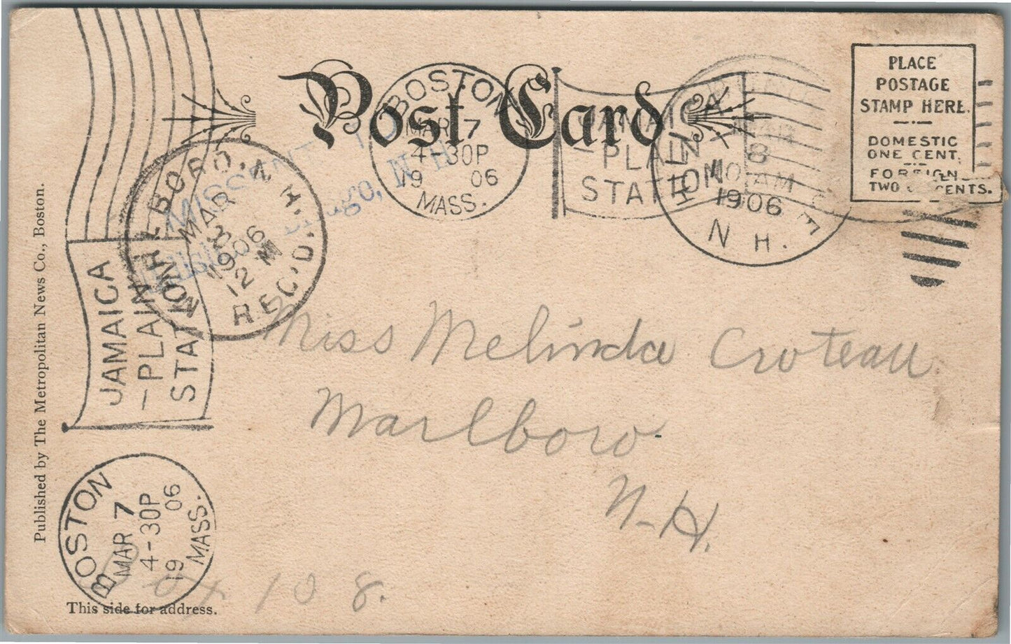 JAMAICA PLAIN MA CLUB HOUSE ANTIQUE POSTCARD