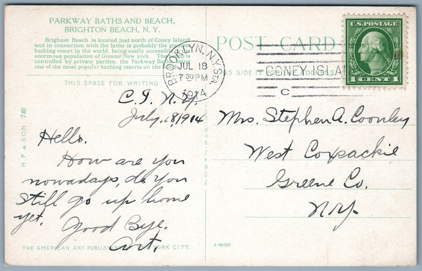 BRIGHTON BEACH BROOKLYN NY PARKWAY BATHS & BEACH 1914 ANTIQUE POSTCARD